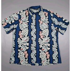 Poha Hawaii Shirt Mens XL Blue Floral 1/4 Zip Pullover‎ Short Sleeve Made In USA